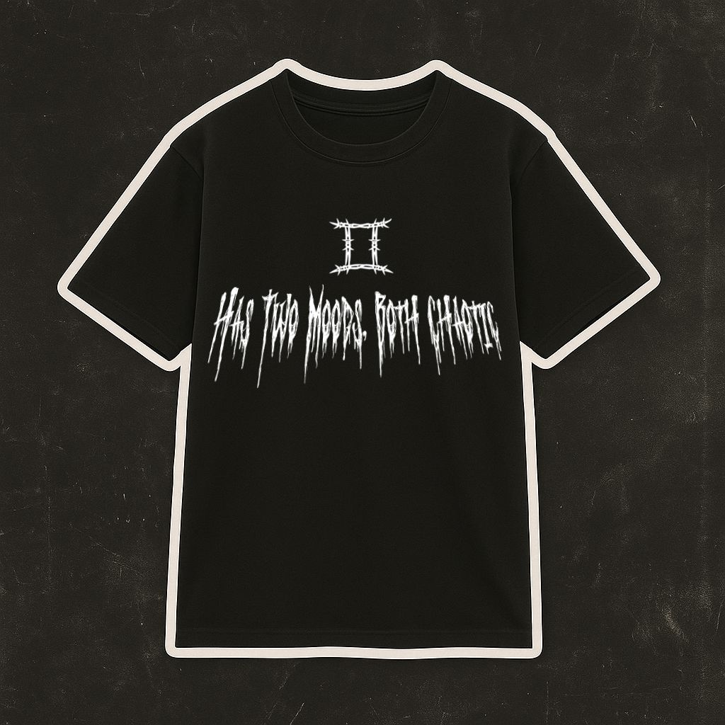 T-shirt preta com símbolo de Gêmeos e texto em branco