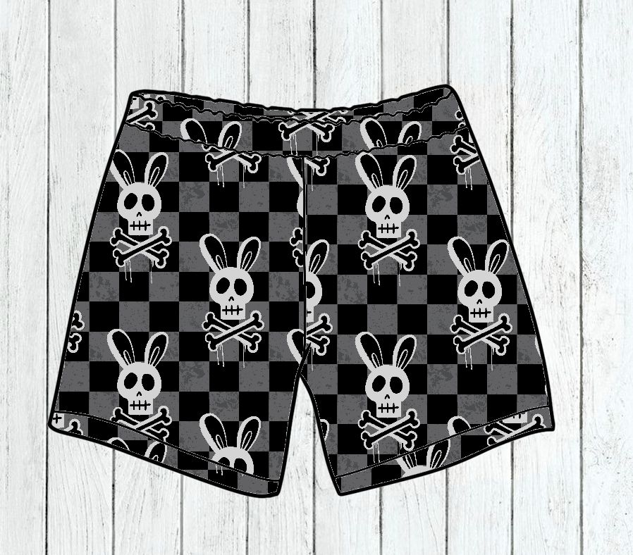 Calções de banho pretos com caveiras de coelho e ossos cruzados