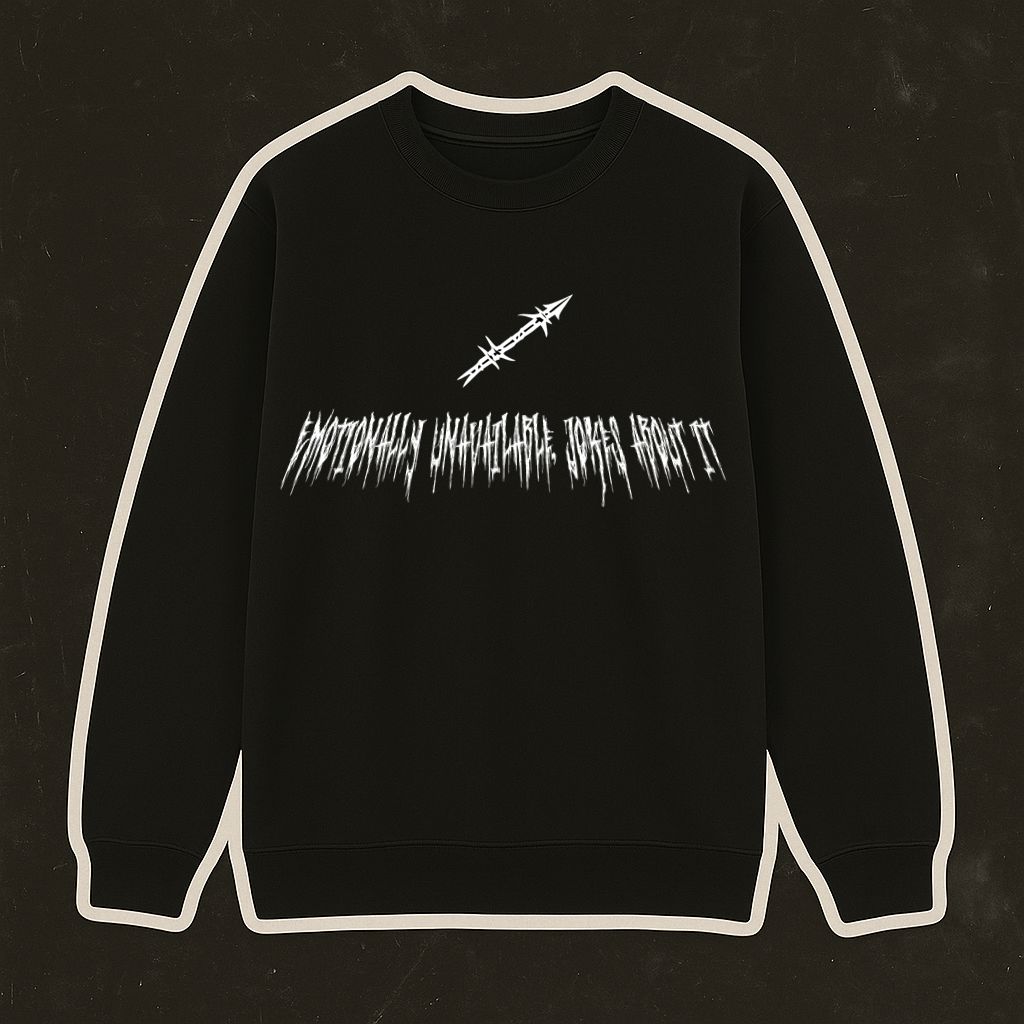 Sweatshirt preta com texto branco e gráfico de arame farpado