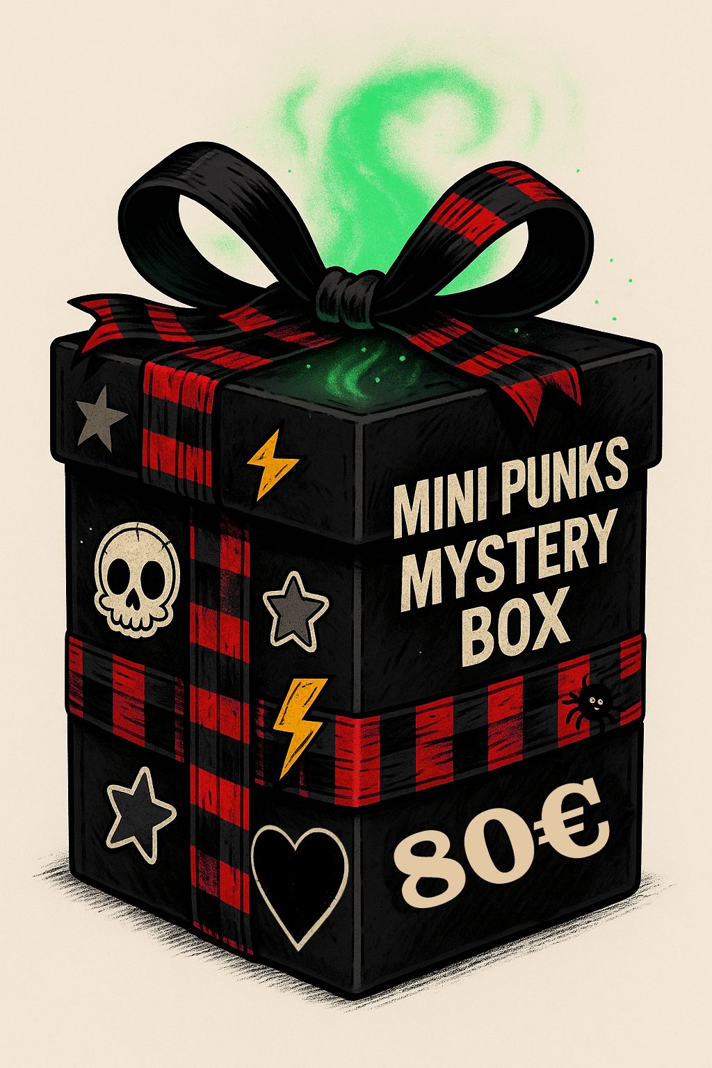 Caixa de presente preta com fita xadrez vermelha e preta, símbolos punk e texto Mini Punks Mystery Box 80€