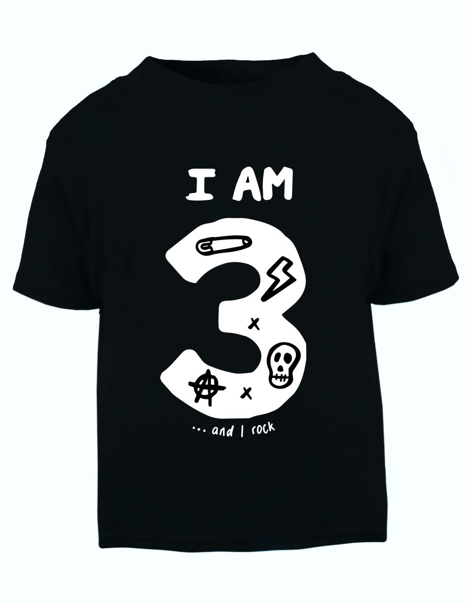 T-shirt preta para criança com texto e desenhos brancos