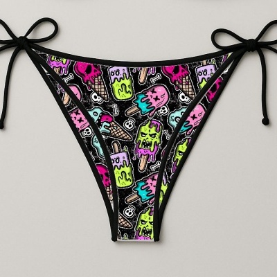 Cueca de biquíni preta com padrão de gelados coloridos e laços laterais
