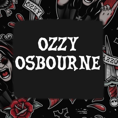 T-shirt preta com texto branco 'OZZY OSBOURNE' e padrões de tatuagens vermelhas e góticas