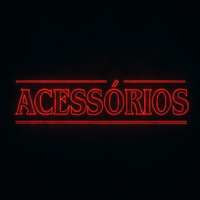 Placa de néon vermelha com a palavra 'ACESSÓRIOS' e linhas horizontais num fundo preto.