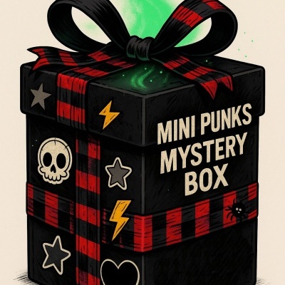 Caixa preta com laço riscado vermelho e preto e texto MINI PUNKS MYSTERY BOX