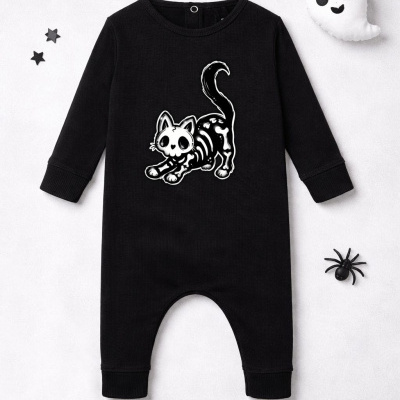 Macacão preto para bebé com estampa de gato esqueleto