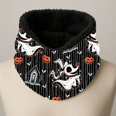 Cachecol tubular Halloween preto com fantasmas e abóboras laranja