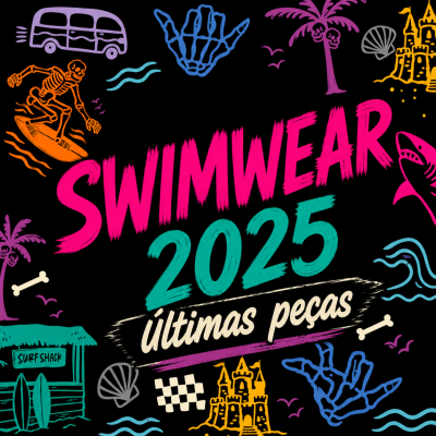 Ilustração com tema de surf e mar com texto SWIMWEAR 2025 últimas peças