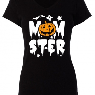 T-shirt preta feminina com estampado de Halloween com abóbora e texto 'MONSTER'.