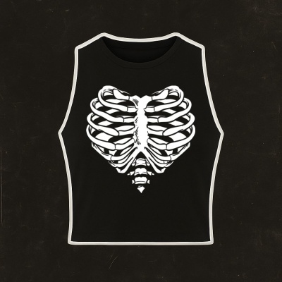 Camisola preta sem mangas com estampado branco de uma caixa torácica