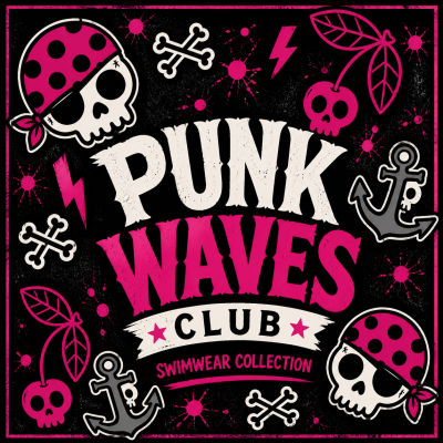 Design gráfico colorido com caveiras, âncoras e texto punk