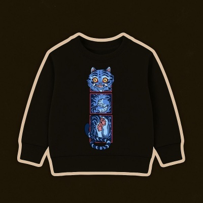 Sweatshirt preta com estampa frontal de gato azul em três quadros