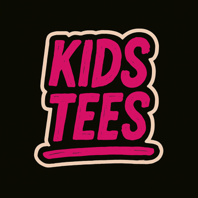Texto 'KIDS TEES' em rosa com contorno bege sobre fundo preto