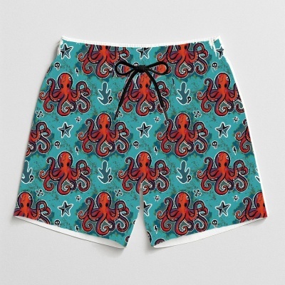 Calções de banho com padrão de polvos vermelhos em fundo azul-petróleo