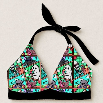 Top de bikini colorido com padrão de desenhos animados e tiras preto para amarrar.