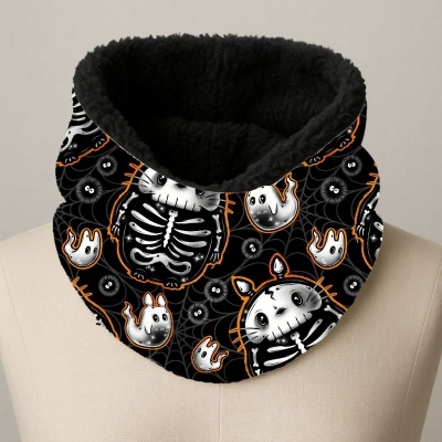 Cachecol tubular com padrão de Halloween em tecido preto e forro em pelo.