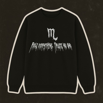 Sweatshirt preta com texto branco FEELS EVERYTHING, TRUSTS NO ONE e símbolo central.