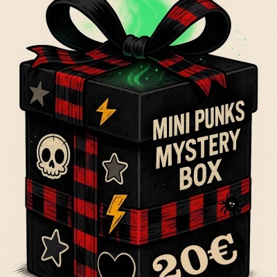 Caixa preta com fita vermelha e preta, decorada com símbolos e texto MINI PUNKS MYSTERY BOX 20€