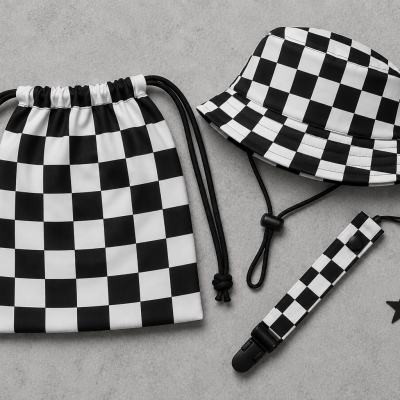 Conjunto de mochila, chapéu e prendedor em padrão xadrez preto e branco.