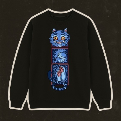 Sweatshirt preta com estampa de gato azul estilizado em três quadrados verticais