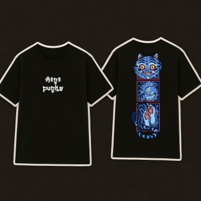 T-shirt preta com texto branco pequeno à frente e desenho de gato azul em três partes nas costas