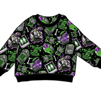 Camisola de criança preta com padrão macabro colorido