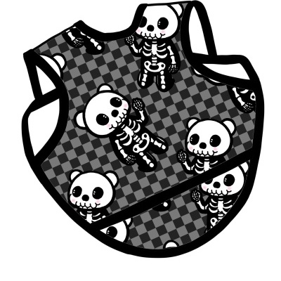 Babete para bebé com padrão de esqueletos brancos em fundo cinzento quadriculado