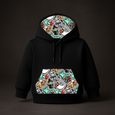 Camisola preta com capuz e bolso estampados com padrões de monstros coloridos
