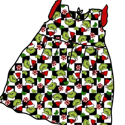 Vestido infantil natalício com padrão do Grinch e símbolos festivos