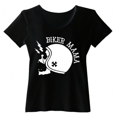 T-shirt preta com estampado branco de caveira com capacete e texto BIKER MAMA