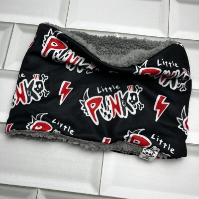 Cachecol tubular preto com interior cinza e estampado 'Little PUNK' e símbolos vermelhos
