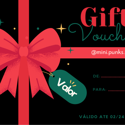 Vale-presente digital com laço vermelho e selo verde, texto Gift Voucher e validade 02/24.