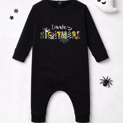 Macacão preto para bebé com estampado colorido de Halloween e texto Little NIGHTMARE