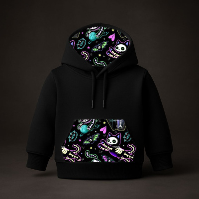 Sweatshirt preta com padrão colorido de gatos esqueléticos e morcegos no capuz e bolso
