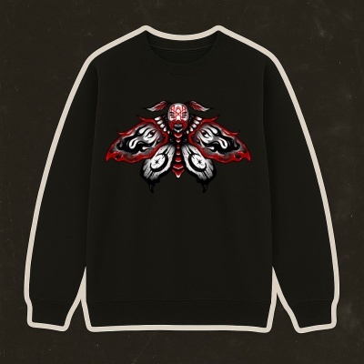 Sweatshirt preta com estampa vermelha, branca e preta de borboleta estilizada