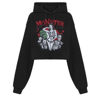 Sweatshirt cropped preta com estampa de monstros e texto MONSTER lover