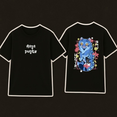 T-shirt preta com estampa de gato azul e texto branco