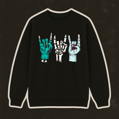 Sweatshirt preta com estampado de três mãos zombie coloridas no centro