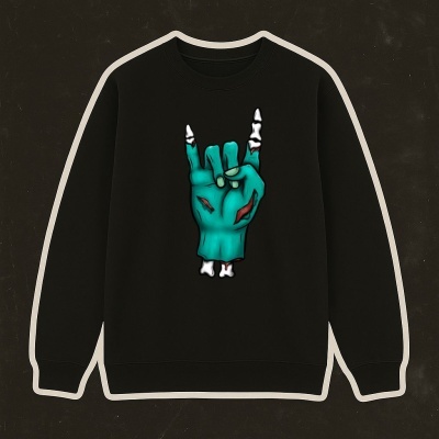Sweatshirt preta com padrão de mão esverdeada em pose de 'rock on'