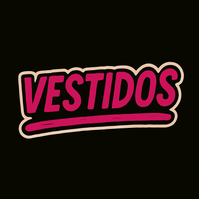 Texto VESTIDOS cor roxa com contorno bege em fundo preto