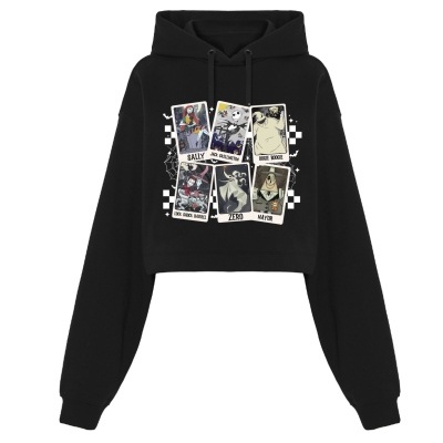 Sweatshirt preta com capuz e estampado colorido de personagens na frente