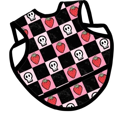 Babete para bebé com padrão quadriculado rosa e preto com morangos e caveiras