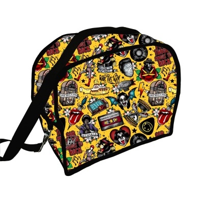 Mala de ombro amarela com padrão colorido de microfones, guitarras e rostos estilizados
