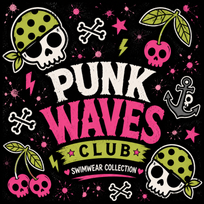 Design colorido com caveiras, cerejas, âncoras, ossos cruzados e texto PUNK WAVES CLUB