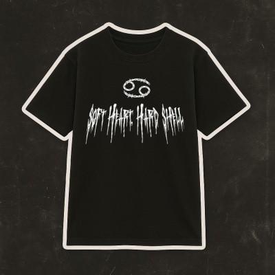 T-shirt preta com símbolo branco e texto no peito sobre fundo preto.