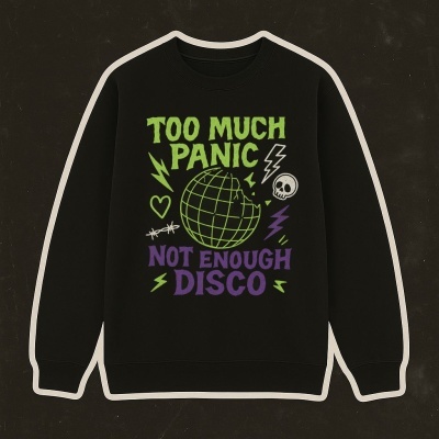 Sweatshirt preta com estampado gráfico colorido e texto em inglês.