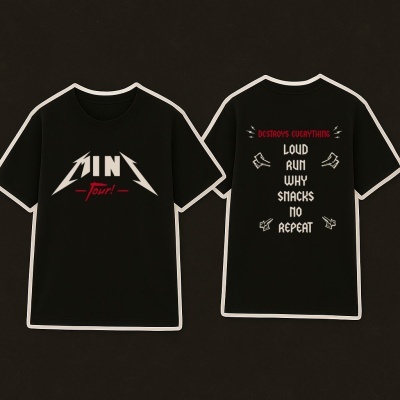 Camisetas pretas com texto e desenhos em branco e vermelho