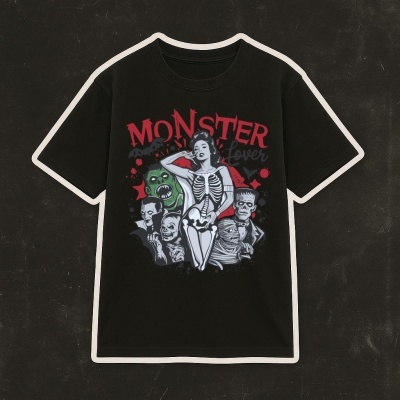 T-shirt preta com estampado de monstros e texto MONSTER forever