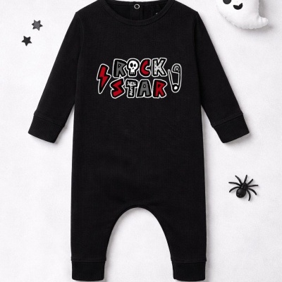 Macacão preto para bebé ROCK STAR com manga comprida e estampado colorido
