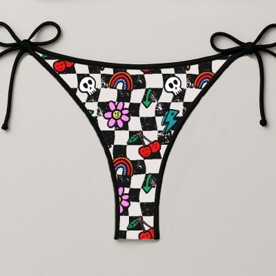 Cueca de bikini com padrão quadriculado e desenhos coloridos